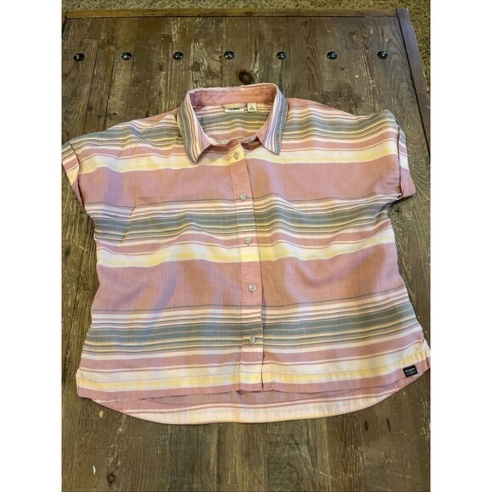 LL Bean Womens Button Up Shirt Small Striped Tencel Short Sleeve Boxy Fit EUC